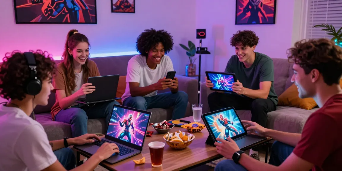 Friends enjoying dynamic gay porn games in a vibrant living room.