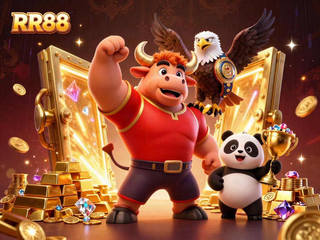 RR88 showcases a victorious scene with a bull mascot, eagle, and panda celebrating amidst gold treasures and casino elements.