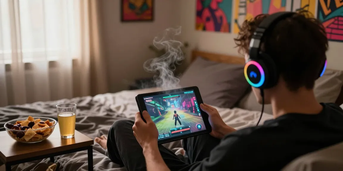 Exciting NSFW apk gaming scene in a cozy bedroom with soft lighting.