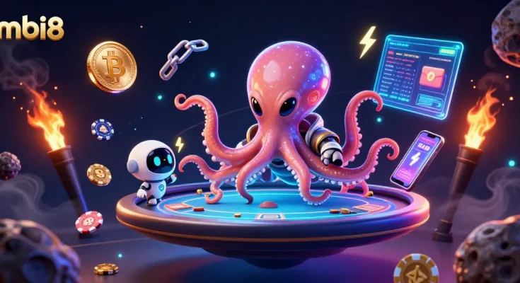 Join the excitement at mbi8 with this vibrant 3D casino scene featuring an alien octopus and poker elements