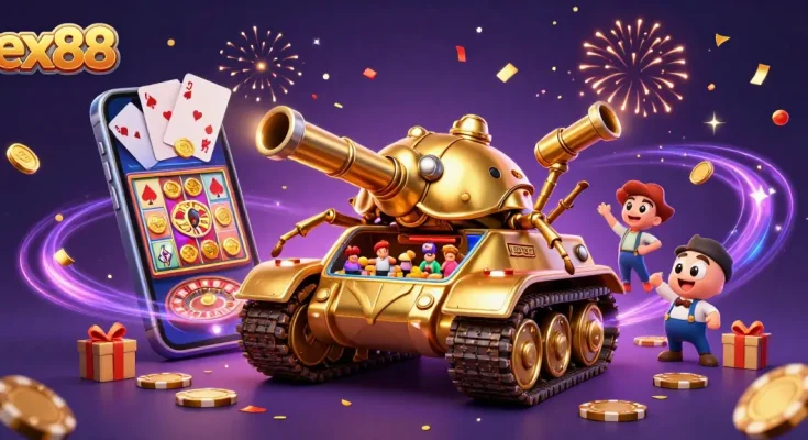 Experience excitement at ex88 with a golden beetle tank casino scene brimming with jackpots and games