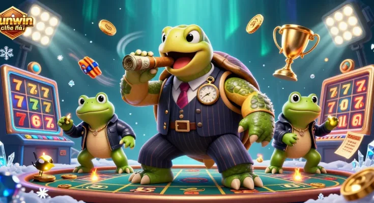 Experience the excitement of sunwin chính thức with this vibrant gaming scene featuring a snapping turtle and bullfrogs.