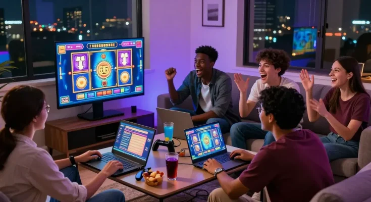 Players enjoying slot gacor games together in a lively home environment.
