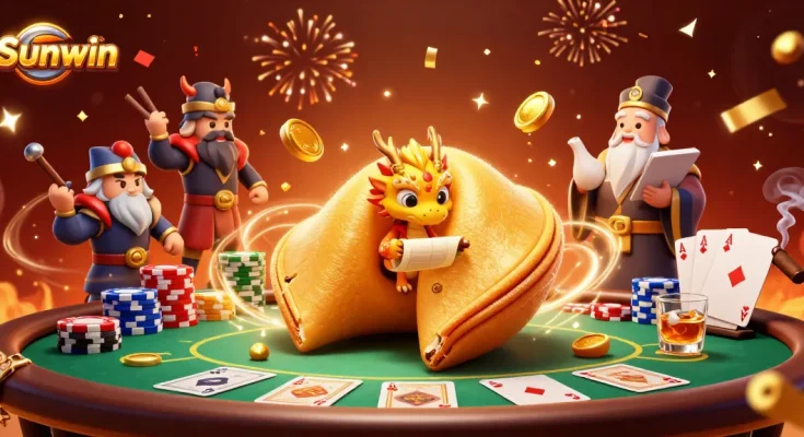 Sunwin features a captivating scene with a golden fortune cookie and dragon amidst poker games.