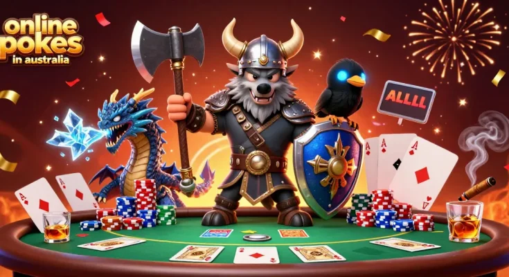 Engage with the best online pokies in Australia featuring Viking wolf warrior, dragon, and poker elements.