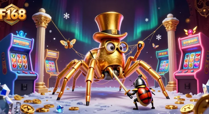 Experience the thrill of F168 with a vibrant 3D casino illustration starring a golden tarantula and a courageous beetle knight.
